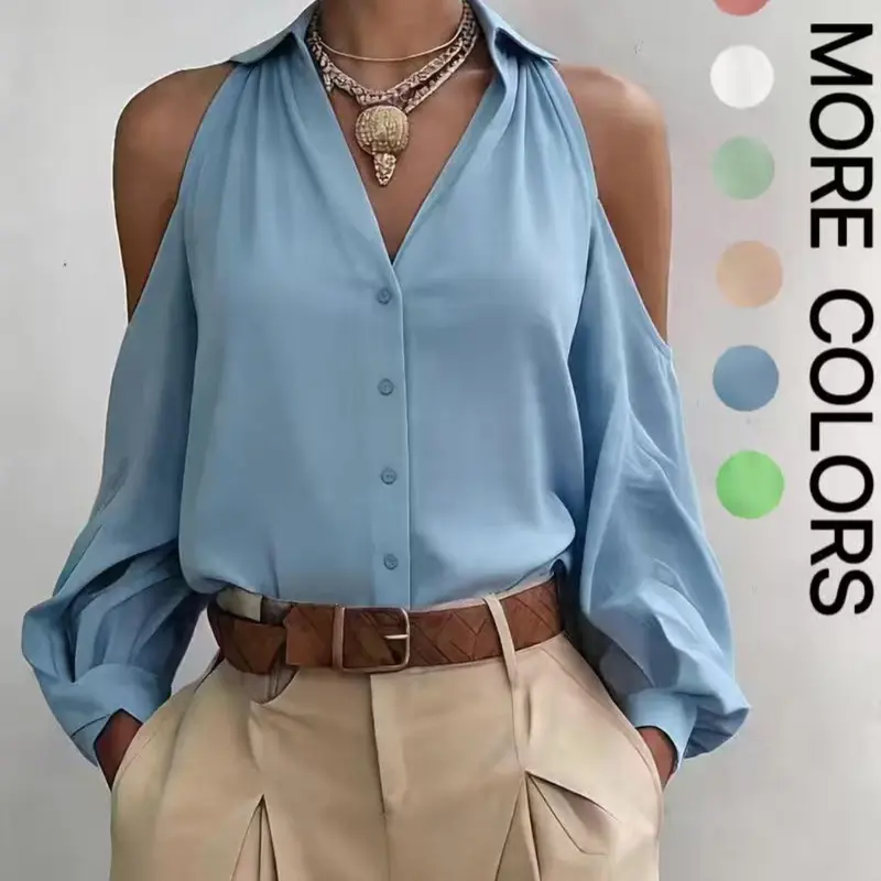 Elegant Aesthetic Women's Long Sleeve Blouse Shirt, Plain Solid Button Front Collared Design, Fitted Casual Top for Fall & Winter, Perfect for Office and Dates