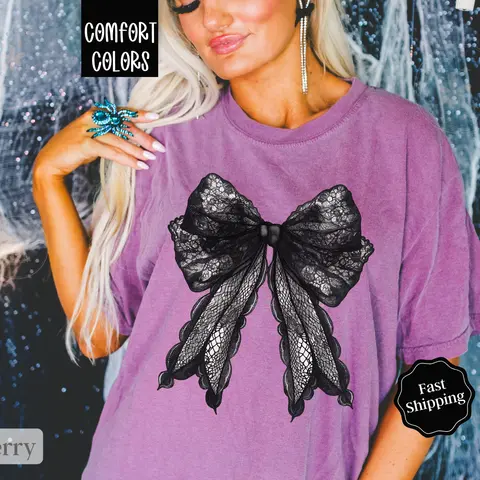 Black Lace Bow Shirt Comfort Colors, Coquette Halloween Tshirt for Women,  October Vibes Shirt Oversized Crewneck Tee