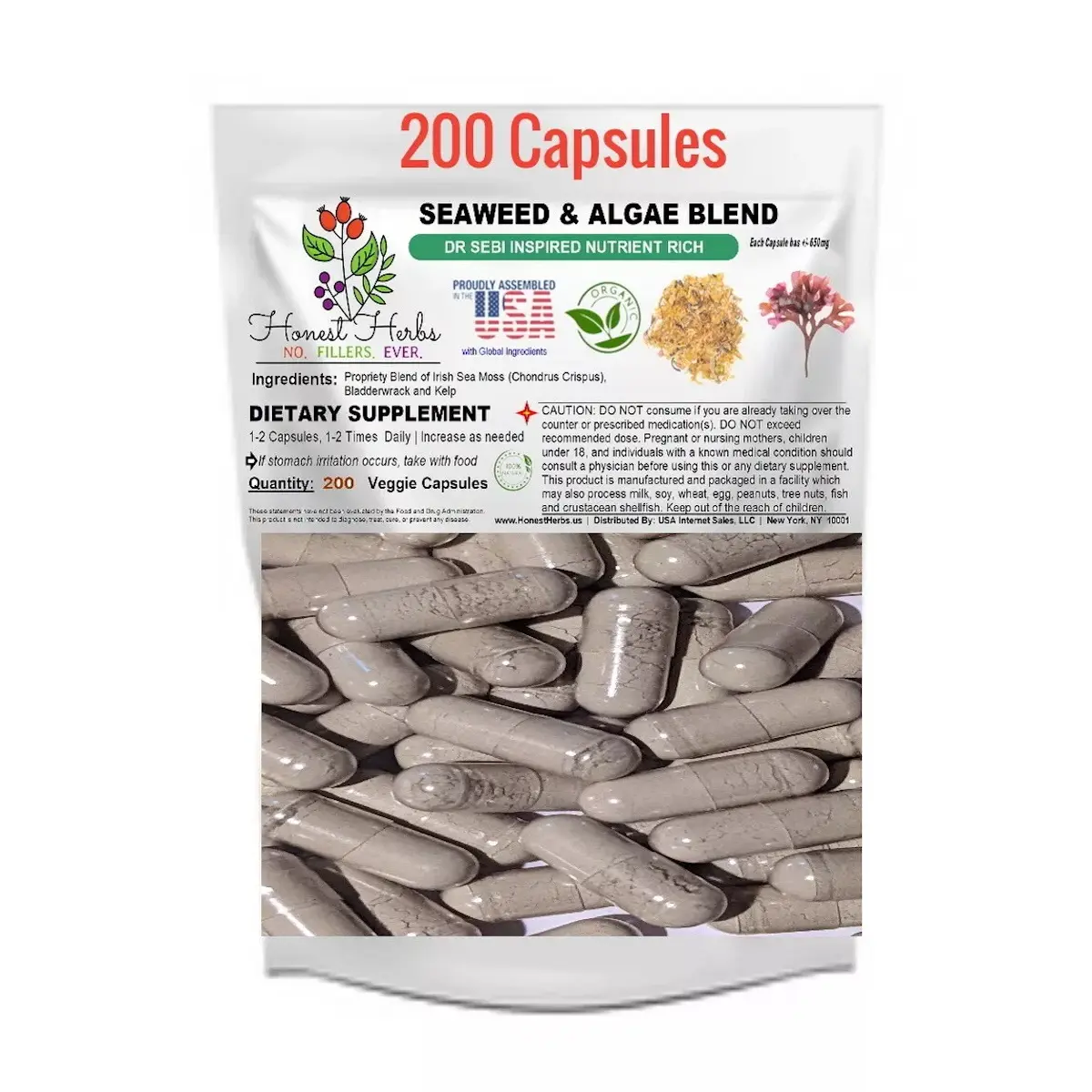 Seaweed & Algae Blend - Irish Moss, Bladderwrack, Kelp - 200 Veggie Caps, 650mg