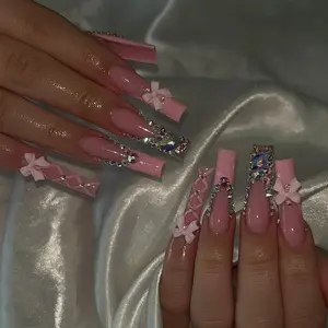 Bowknot Decor Long Square Fake Nail, 24pcs Glossy Rhinestone Decor Fake Nail, Press on Nail Fashionable Rhinestone Decorated for Women & Girls DIY Nail Art