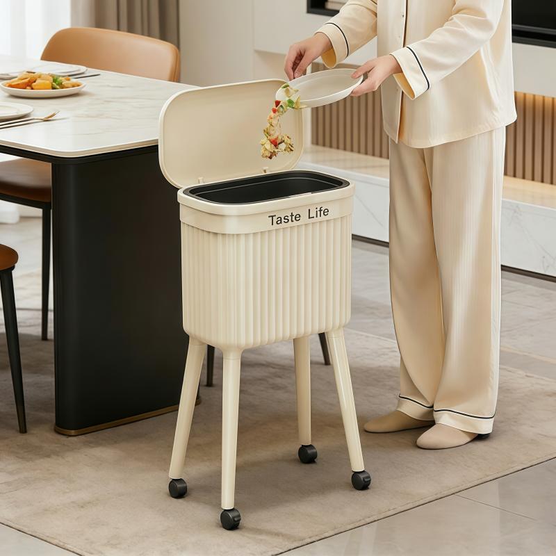 16L Tall Standing Kitchen Trash Can with Lid & 360° Wheels, Retro Cream/Red Rolling Garbage Bin with Dual Inner Buckets & Odor-Proof Seal, Elevated Legs Slim Gap Trash Can for Kitchen, Office & Home Organization
