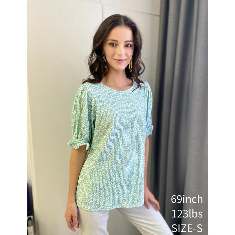 ZEAGOO Womens Blouses Dressy Casual Spring Floral Print Crewneck Smocked Puff Short Sleeve Shirts Springtok