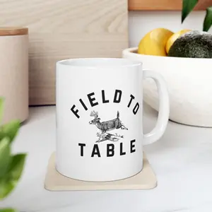 Ceramic field to table deer hunting coffee mug, Whitetail deer hunting, White ceramic coffee cup 11oz. or 15oz.