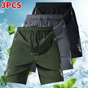 3-pack unisex fashion athletic shorts featuring reflective geometric prints on both sides, a drawstring waist, and side zippers. It’s very suitable for wearing in summer, everyday workouts, running, and other outdoor activities., Polyester Fabric, Athleti