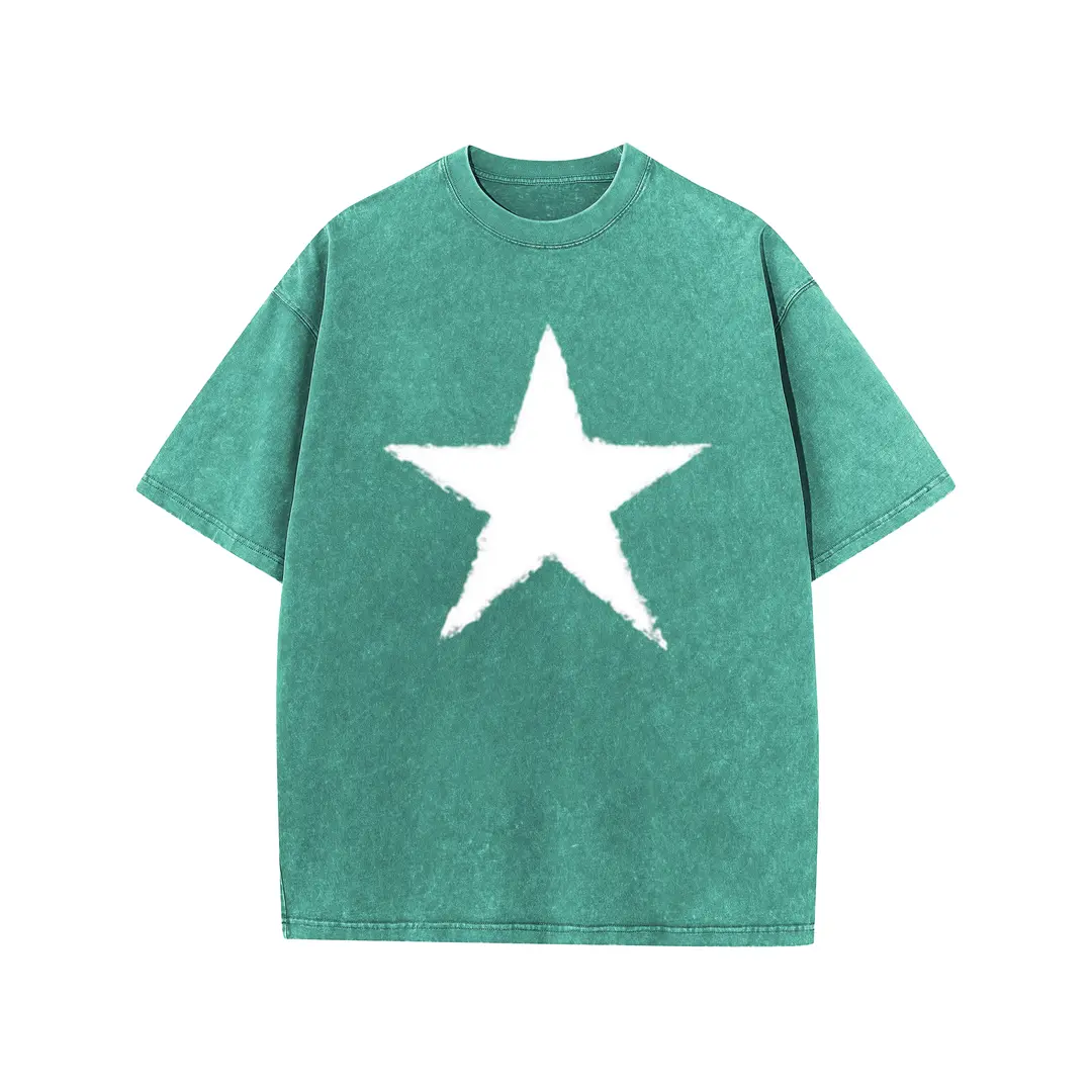 Men's Oversize Star Graphic T-Shirt - Unisex Long Heavy Cotton Heavyweight Top, Loose Baggy Fit, Short Sleeve Round Crewneck, Acid Wash for Casual Streetwear, Oversized, Graphic Star