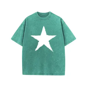 Holafish Star Graphic Acid Wash T-Shirt, Heavyweight Cotton Oversized Short Sleeve Tee, Unisex Casual Streetwear Summer Top for Men Women