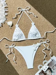 Two-piece Set Women's Plain Floral Appliques Halter Bikinis Sets, Casual Halter Swim Bra & Tie Side Swim Panty, Ladies Swimsuit for Beach Holiday Vacation, Bikini Outfits