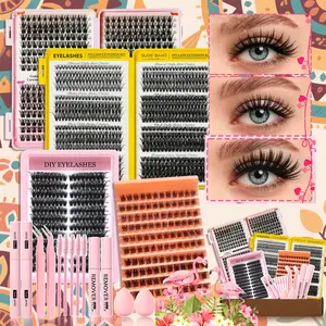 Cluster Lash Extension Gift Set, 30D 40D 50D 60D 80D 100D Natural Styles, Soft & Lightweight, with Bond & Seal, Remover, Tweezers, Brush,Makeup sponge， Easy DIY Eyelashes at Home, Salon Look at Home, Long-Lasting Glamorous Effection Valentine's Day