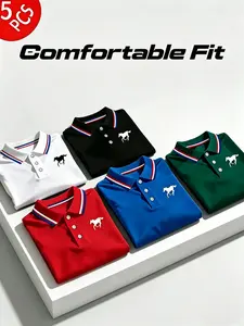 Men's Polo Shirt Set, Casual Fashion Home Wear, Solid Color Short Sleeve Fitted Horse Print, Contrast Collar, Breathable Daily/golf Shirts, Multiple Colors, Polo Gift