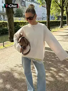 Women's Fall Winter Solid Color Round Neck Long Sleeve Casual Loose Knit Pullover Sweater, Simple Knitted Woolen Top Knitwear