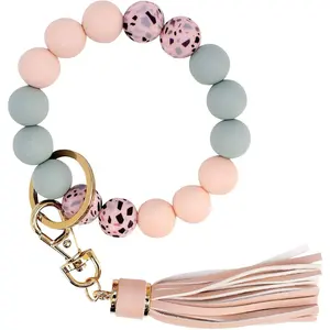 Silicone Beaded Wristlet Keychain for Women, Stretchy Bangle Key Ring Bracelet with PU Leather Tassel, Holder for Car Keys, Keychain For Car Keys