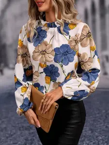 Clasi Floral Pattern Shirt, Blouse, Elegant Stand Collar Long Sleeve Top, Fashionable Plus Size Spring & Fall Casual Wear for Women
