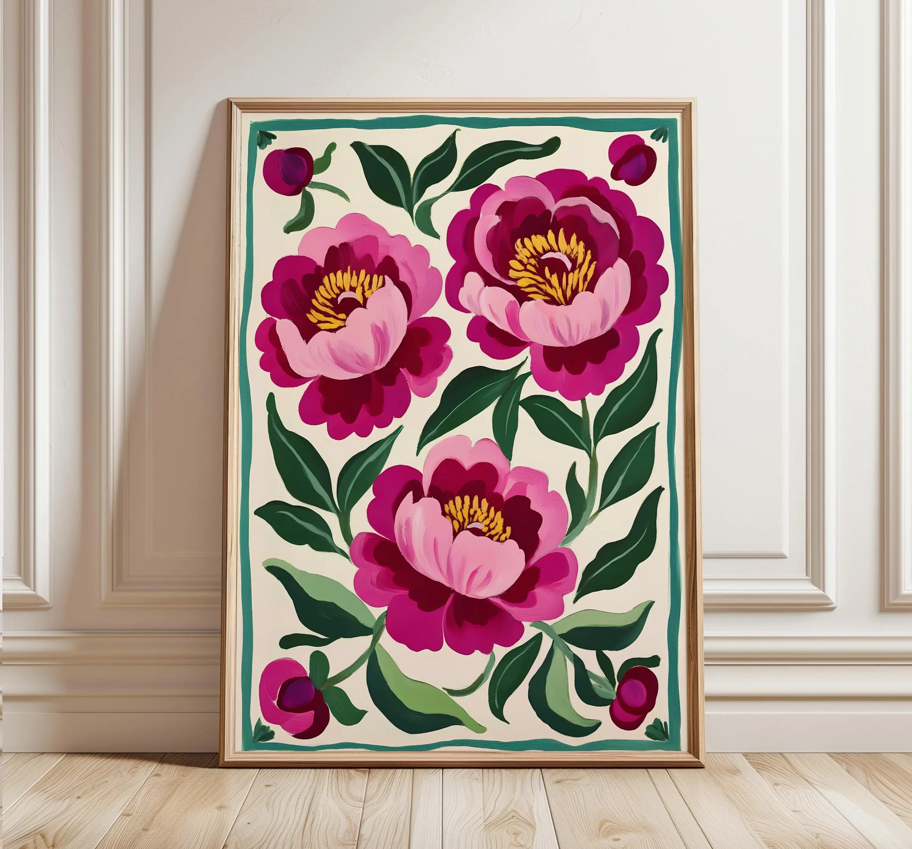 Pink Peonies Print Modern Colorful Peony Art Abstract Summer Flowers Poster Large Printable Wall Art