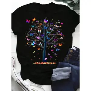 Butterfly Tree Print T-Shirt, Short Sleeve Casual Top For Summer & Spring, Women's Clothing