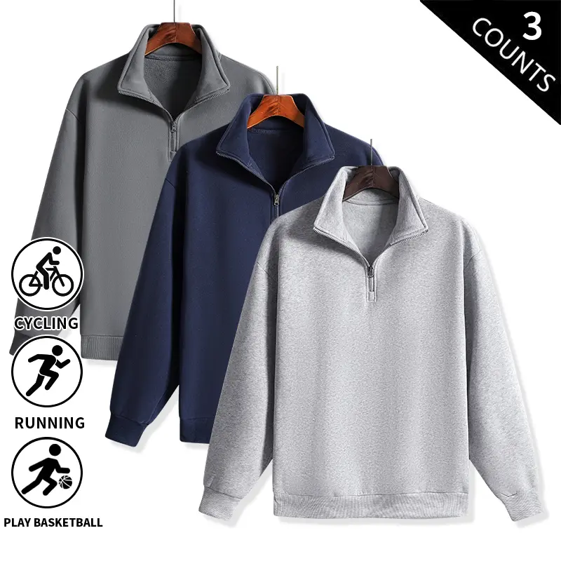 3-Pack Men’s Quarter-Zip Pullover Sweatshirts, Stand Collar Half-Zip Long-Sleeve Tops, Comfortable Loose Casual Outerwear for Everyday Outfits