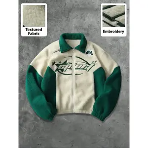 Unisex design, urban street style, autumn/winter color-blocked faux lamb leather jacket with warm wool lining and an embroidered “sport” pattern, featuring a loose zip-up collar for winter wear; hip-hop, campus style, Y2K fashion, Gothic aesthetic.