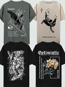 Men's Cartoon & Letter Print Short Sleeve Casual Style Graphic Tee, Regular Fit Casual Round Neck T-shirt for Summer, Men's Top for Daily Wear, Tropical, Casual Streetwear, Casual Letters Print