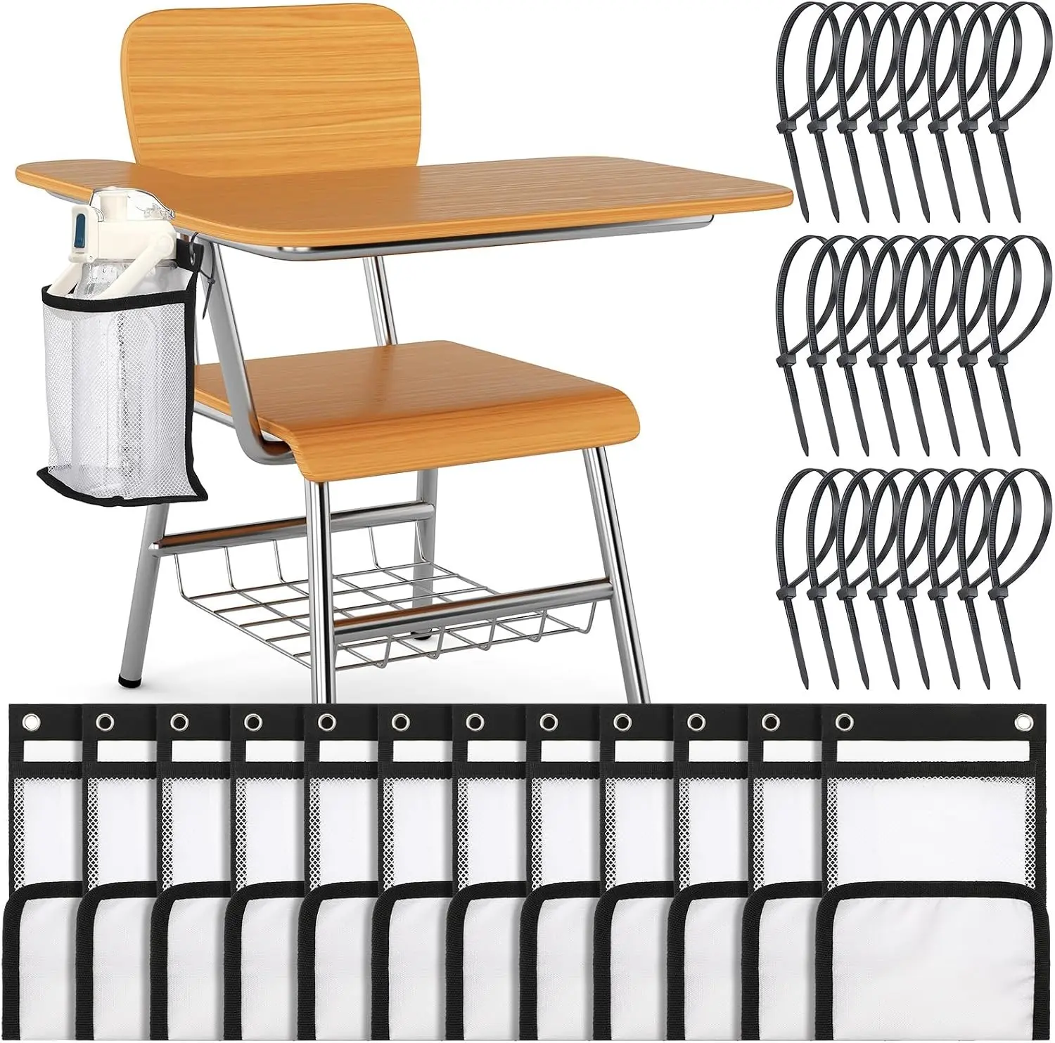 12 Pcs Water Bottle Holder for Classroom Desk Anti-spill Chair Cup Holder with 50 Pcs Black Zip Ties Back to School Gift for Students Water Bottle Pockets for Student Classroom Chair Pocket(Classic) Gift