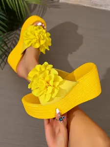 2026 Summer Bright Yellow Toe Post Wedge Sandals Women,3D Chiffon Oversized Flower Platform Shoes,Smooth Thick Sole Chunky Heel Non Slip Slides,Romantic Tropical Beach Vacation Party Wear,Perfect For Photoshoot Wedding Date Night Daily