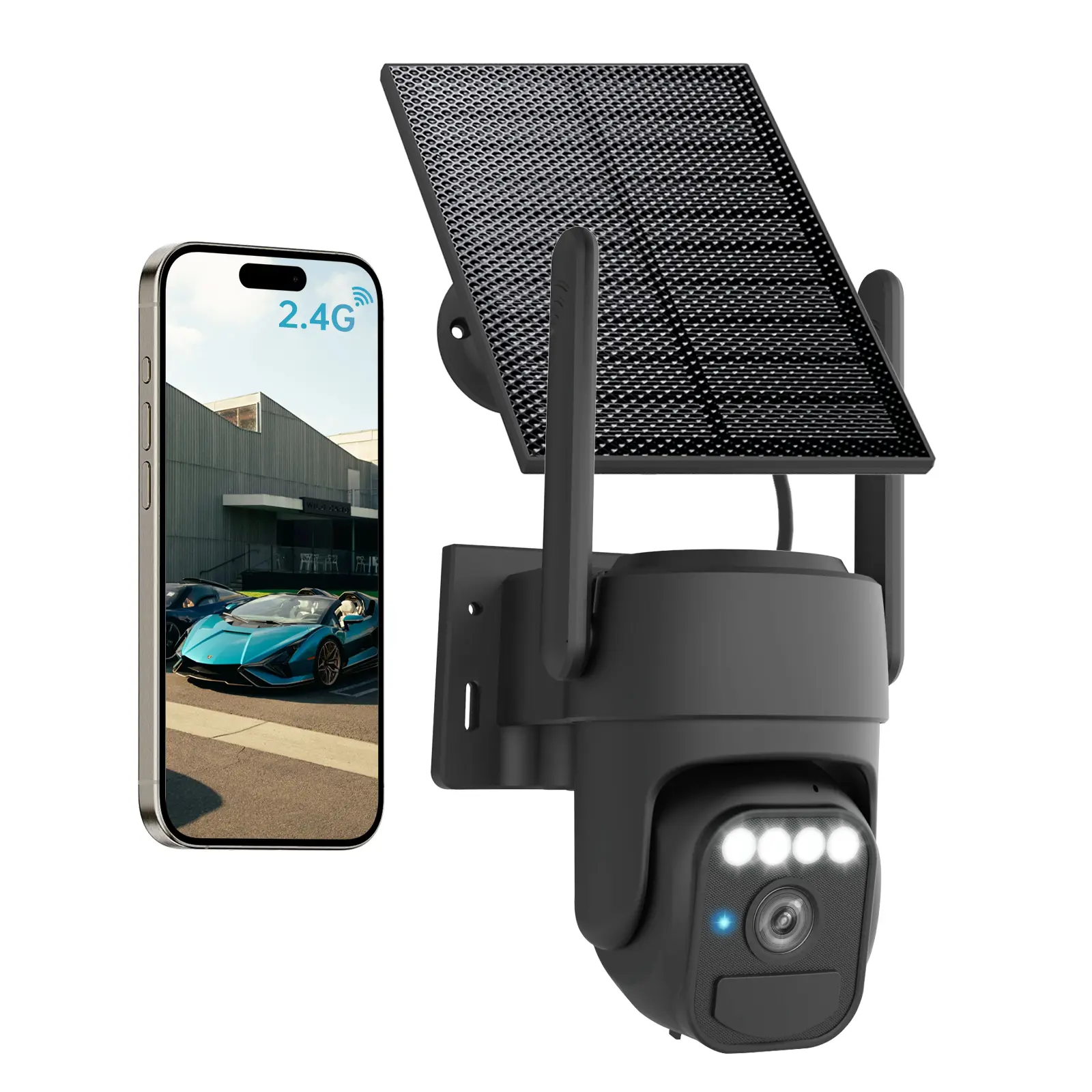 2.4G WiFi Solar Security Cameras Wireless Outdoor, Color Night Vision, PIR Motion Detection, Pan & Tilt Control, Spotlight & Siren Alarm, IP65 Waterproof, SD/Cloud Storage