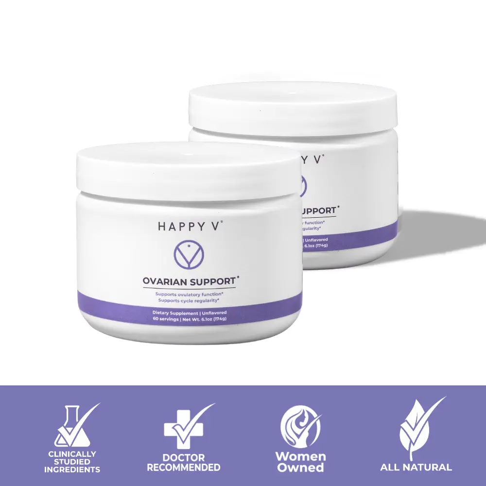 Happy V Ovarian Support Powder 2-Pack Bundle - Myo-inositol & D-Chiro-Inositol for Hormonal Balance Acne PCOS Cycle Regularity Unflavored Daily Supplement