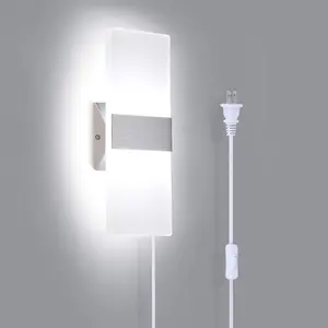 Wall Sconce Plug in, Modern Wall Sconce 12W Wall Mounted Light 6000K Cool White Acrylic LED Wall Lights with 6FT Plug in Cord and On/Off Switch on The Cord(1 Pack, Silver)