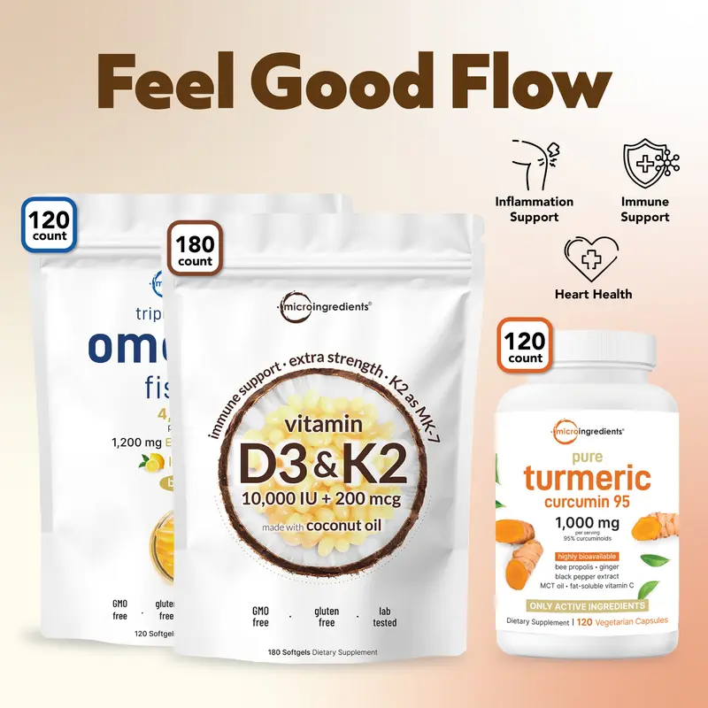 Micro Ingredients Feel-Good Flow Bundle: Omega 3 Fish Oil 120 softgels, Turmeric 120 Veggie Capsules & Vitamin D3 K2 10000IU 180 Softgels