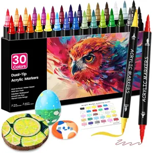 30 Acrylic Paint Markers, Dual Tip Fine and Brush Tips for Detailed Art, Crafting, Rock Painting, Wood, Glass, Ceramic, and More