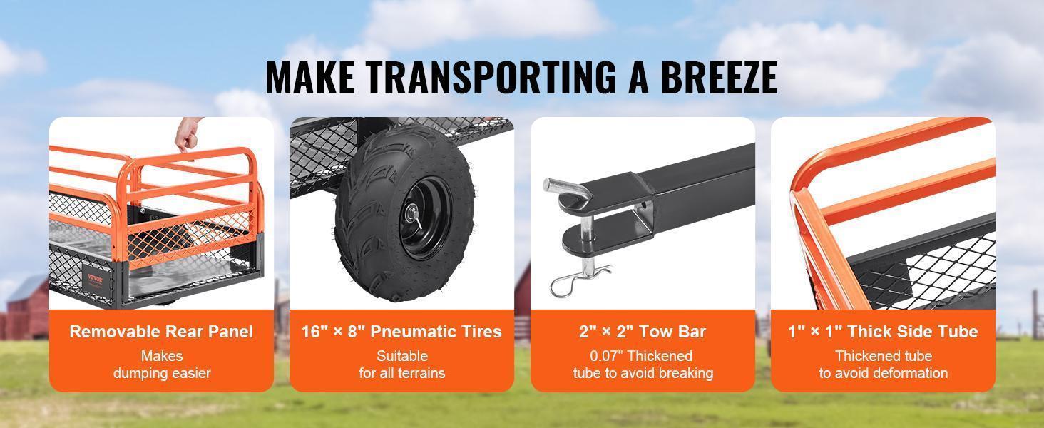 VEVOR Heavy Duty Steel ATV Dump Trailer, 1500-Pound Load Capacity 15 Cubic Feet, Tow Behind Dump Cart Garden Trailer, with Removable Sides and 2 Tires, for Mowers, Tractors, ATV, UTV