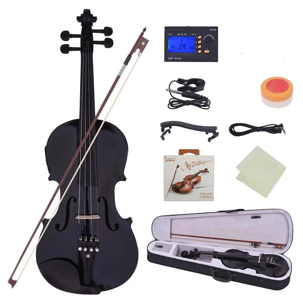 Glarry 4/4 Solid Basswood EQ Violin Case with Classic 23.23 Inches Fingerboard, 1.5kg Cloth Accessory Kit - Adult Use, Bow, Strings, Shoulder Rest, Electronic Tuner, Rotary Knob, Connecting Wire Mesh (Musical Instruments Accessory), Ebony, Entertainment,