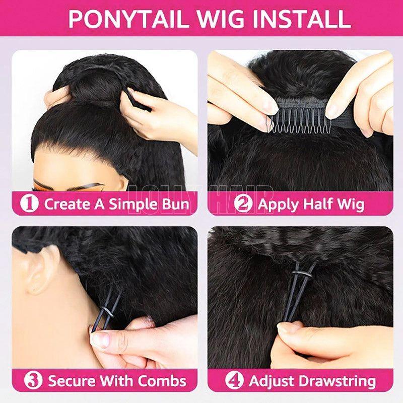 MYLOCKME Half Wig Deep Wave 3 IN 1 Human Hair Glueless Deep Wave Wig Machine Made Clip-in Upgrade 200% Kinky Straight Invisiable Flip Drawstring Wig