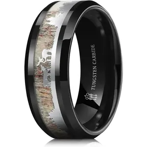 Men Wedding Bands 8mm Tungsten Hunting Gold/Silver Viking Deer Forest Carbide Wood Ring with With Sandalwood Inlay Polished Infinity Unique for Him Black/Custom Ring Personalized Ring
