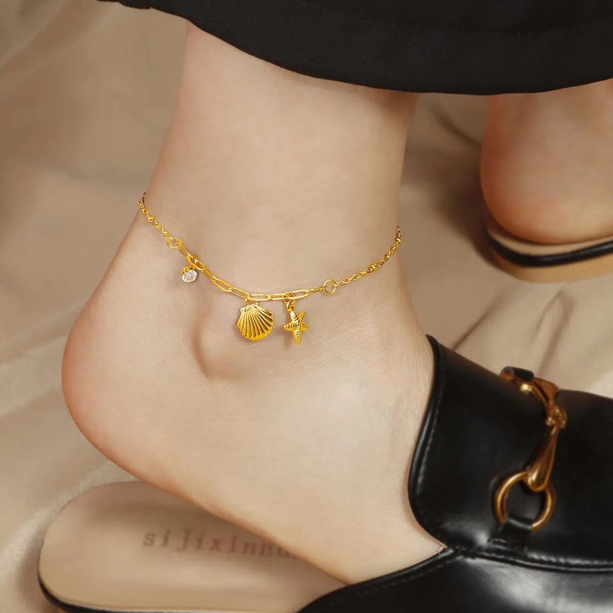 Zircon anklet golden shell starfish anklet beach ocean element anklet ladies daily wear gift
