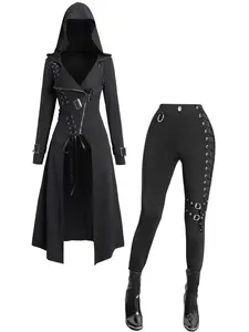 DRESSLILY 2025 Gothic Matching Set Women Outfit Lace Up Zip Hooded Coat and Grommet Elastic Waist Punk Skinny Pants Leggings Outfits
