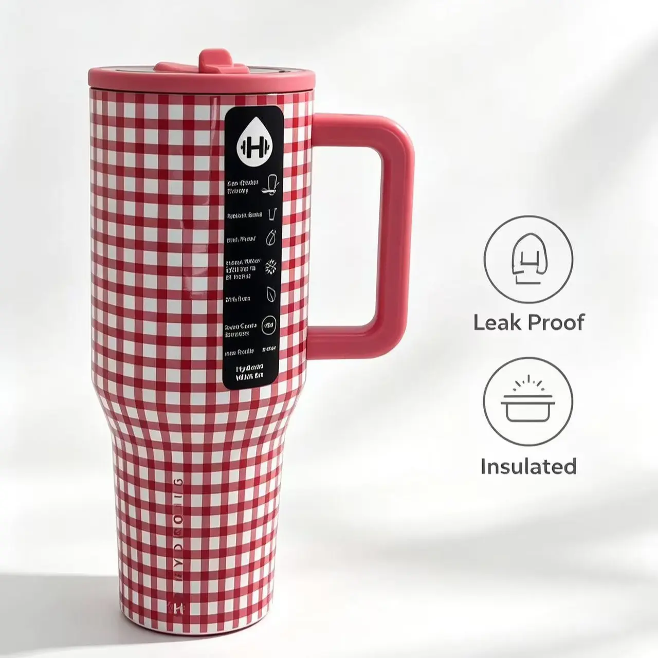 HydroJug Traveler 40oz Red Gingham Checkered Tumbler, Double Wall Vacuum Insulated Stainless Steel with 24-Hour Cold Retention, Leakproof Flip Lid, Portable and Fits Car Cup Holders, Perfect for Women and Adults, Suitable for Gym, Road Trips, Office, Insu