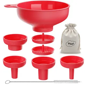 Wide Mouth Versatile Funnel, Canning Funnels for Kitchen Use, Food Grade Plastic Cooking Funnel Set with 4 Size Spouts and 2 Strainers for Filling Different Bottles and Bags, Red