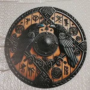 2D Aluminum Viking Shield Wall Art 8 Inch Round Norse Decor With Celtic Knot And Raven Durable Medieval Decor For Home Bar And Office