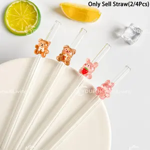 Cartoon Rabbit Bear Glass Straws Set, Reusable Bendy Straw with Cleaning Brush, Ice Sand Tea Juice Cocktail Party Supplies