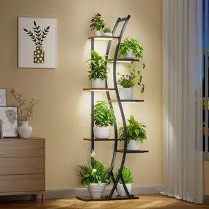 7-Tiered Decorative Plant Stand with Adjustable Grow Lights and Paint Finish - 62" Tall Metal Flower Display Shelf, Curved Design Pot Organizer Set for Living Room, Patio, Balcony Decoration, Standing Rack with Wall Strap for Indoor & Outdoors