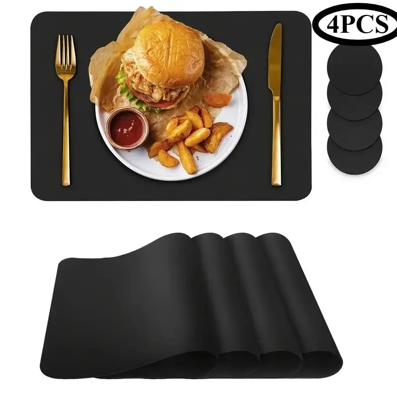 4 Set Table Mats and Cup Mats, Coasters, PU Leather Insulating Mat, Waterproof Oil-Resistant, Easy Clean, Fashion Design, Ideal for Home and Parties