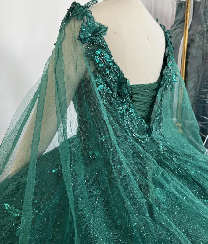 NO.41 Flowers and Metallic Lace Sparkle Tulle Quinceañera Dress With a cape bodycon party plain mature blue dress quince sequin dress Formal Womenswear party maxi Wedding Ceremony