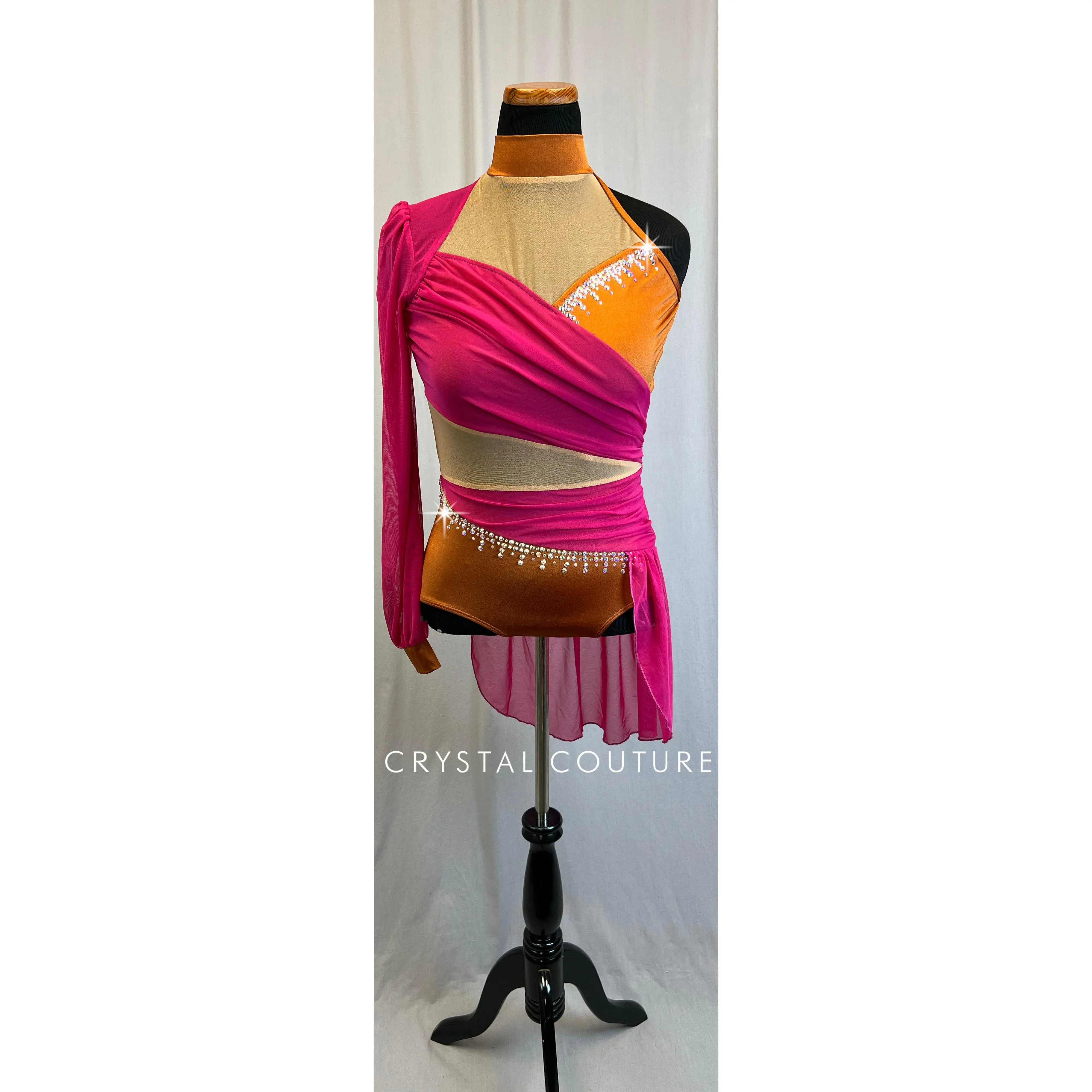 *Brand New* Berry Pink Mesh and Burnt Orange Lycra Leotard  - Rhinestones