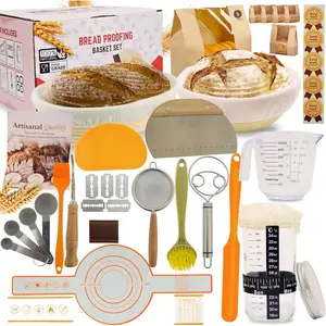 Sourdough Starter Kit, Bread Baking Supplies with 9" Round & 10" Oval Banneton Proofing Baskets, Glass Starter Jar, Measuring Cup, Whisks, Scrapers & Lame.Complete Baking  for Beginners