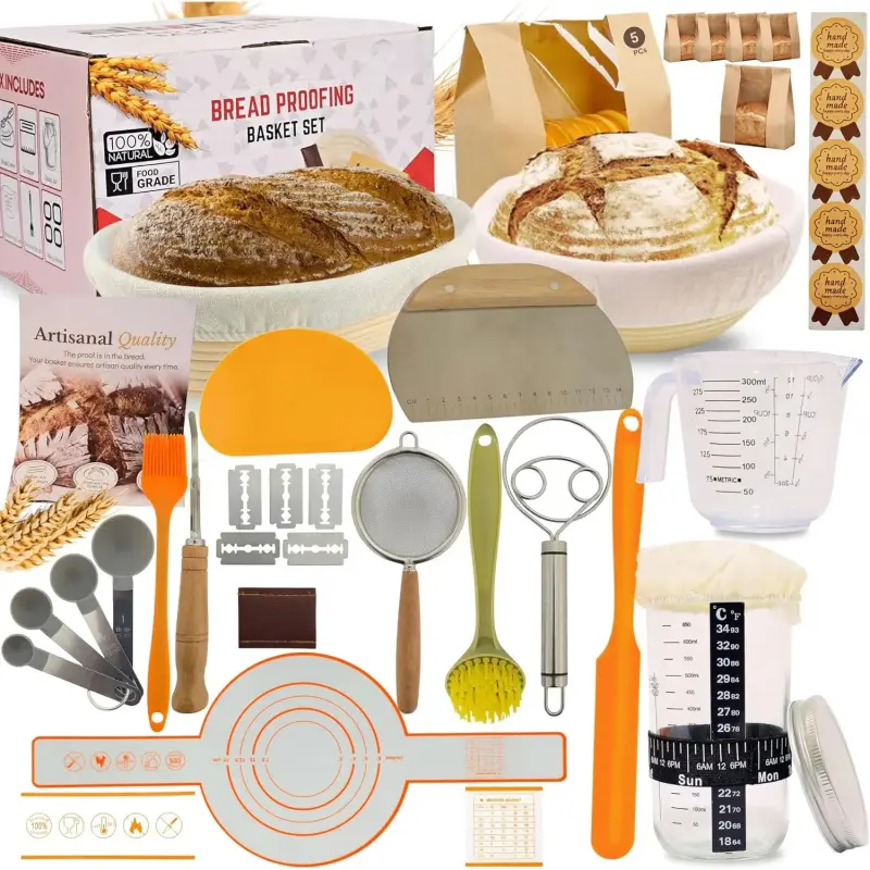 Sourdough Starter Kit, Bread Baking Supplies with 9" Round & 10" Oval Banneton Proofing Baskets, Glass Starter Jar, Measuring Cup, Whisks, Scrapers & Lame.Complete Baking  for Beginners