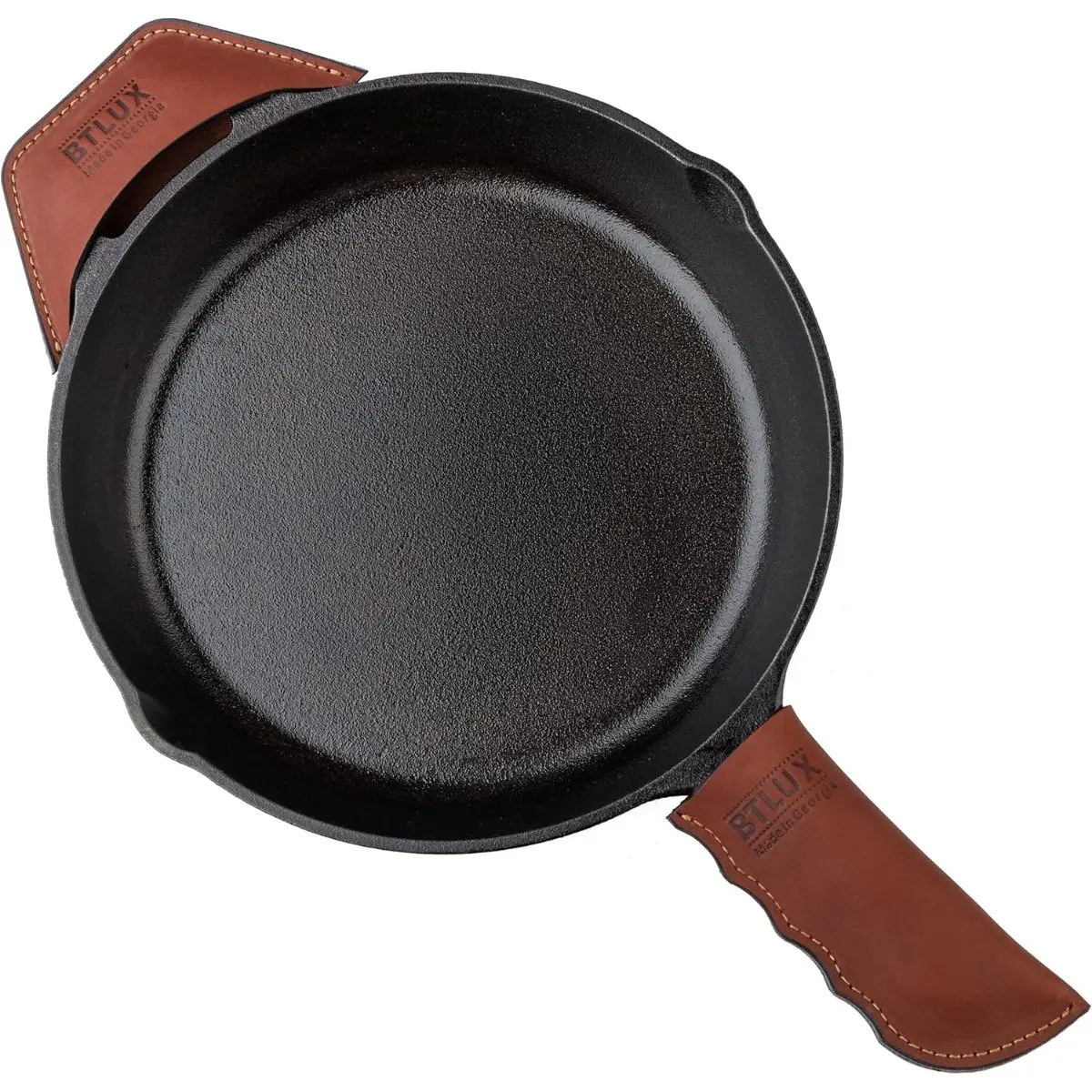 High Quality 2-Pack Full Grain Leather Kitchen Cookware Handle Covers, Stylish Thick Handcrafted Heat Resistant Sleeves with Stitched Detail - Made in Georgia, Gift for Cast Iron Skillet Lovers, Fits Up to 15 Inches Hot Frying Pans/Pots, Two Piece Sets, H