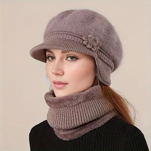 2pcs Hat + Scarf Set for Middle-Aged and Elderly Women, Winter Warm Ear Protection Beanie with Ear Flaps, Windproof Hat for Grandma, Hand Wash Only, Fall/Winter Season, Stretch Fit, Pull-On Closure, Acrylic Material, Grandma Hat