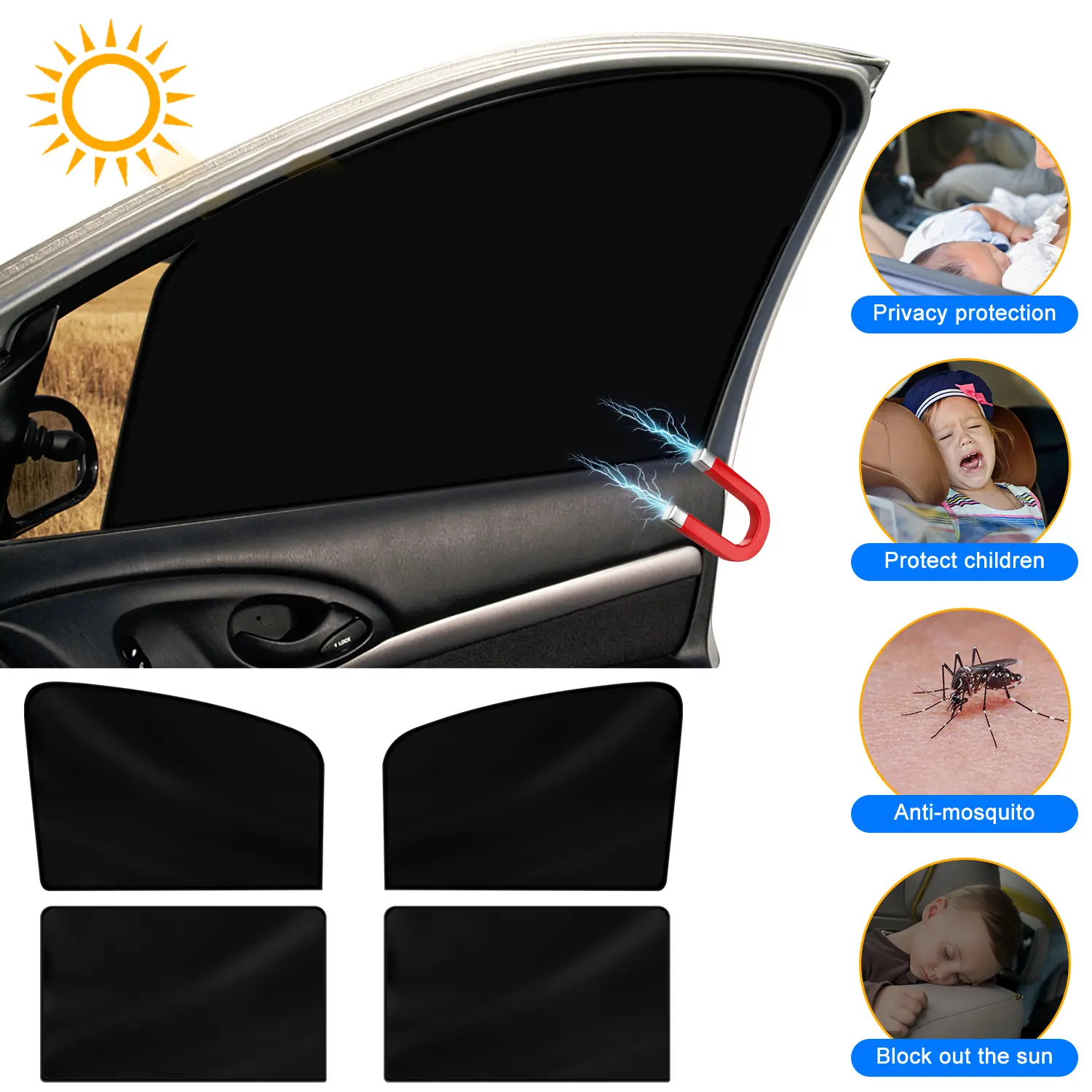 Magnetic Car Side Window Sunshades - Car Accessories, 10 Powerful Magnets, Tool-Free Quick Folding, Full Light Blockage, High-Density Heat-Insulating Design, UV Protection, Universal Fit for Sedans, SUVs, Pickup Trucks, Rear Sunshade Side Window