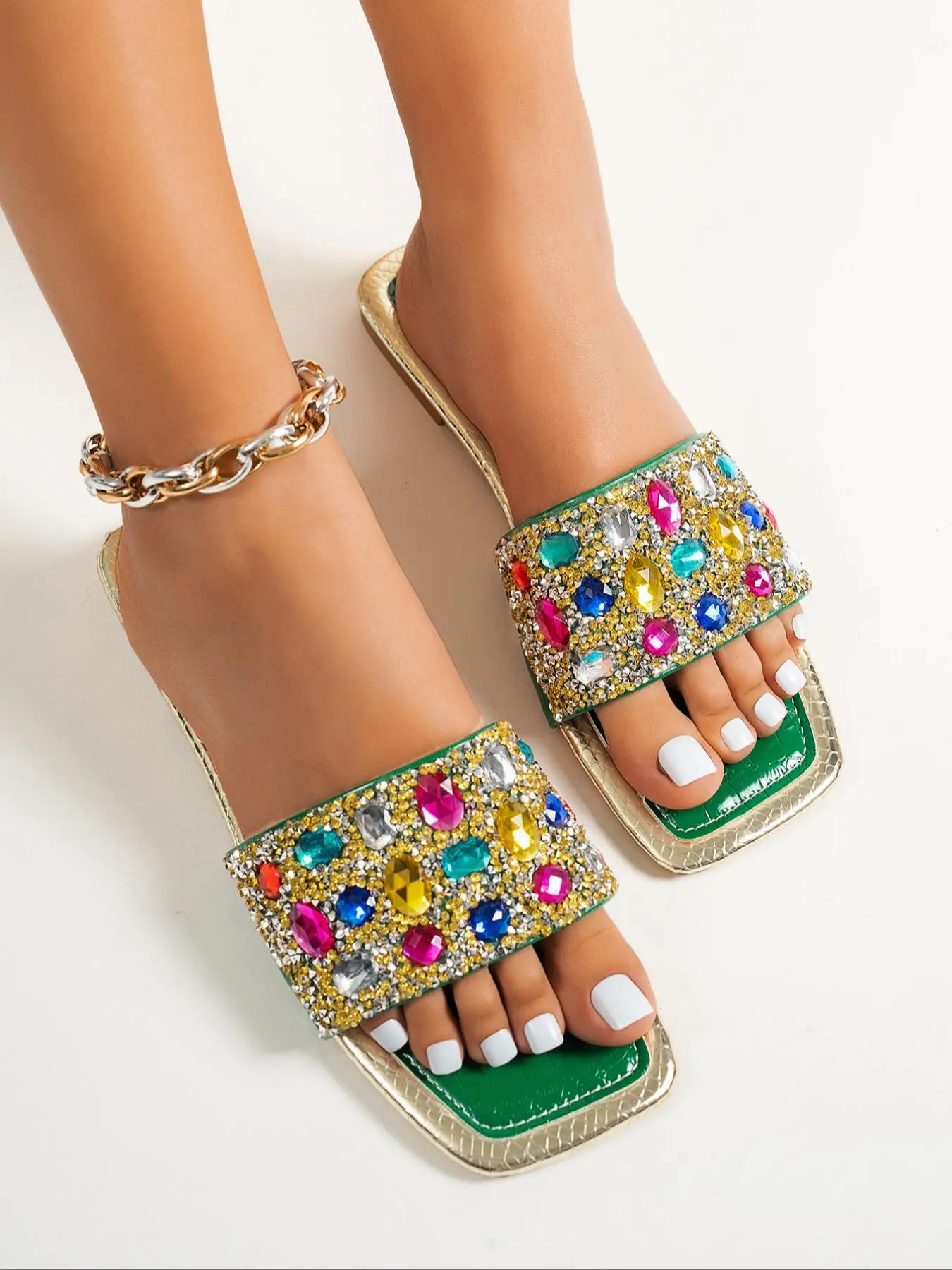 Women's Fashionable Rhinestone Decorated Slide Sandals Open Toe Glitter Slides, 2024 New Style Casual Comfortable Flat Sandals for Summer, Lightweight Breathable Daily Fashion Footwear for Daily Wear