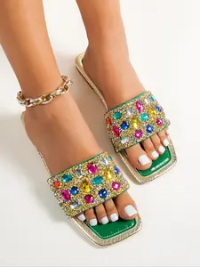 Women's Fashionable Rhinestone Decorated Slide Sandals Open Toe Slides, 2024 New Style Casual Comfortable Flat Sandals for Summer, Lightweight Breathable Shoes for Daily Wear