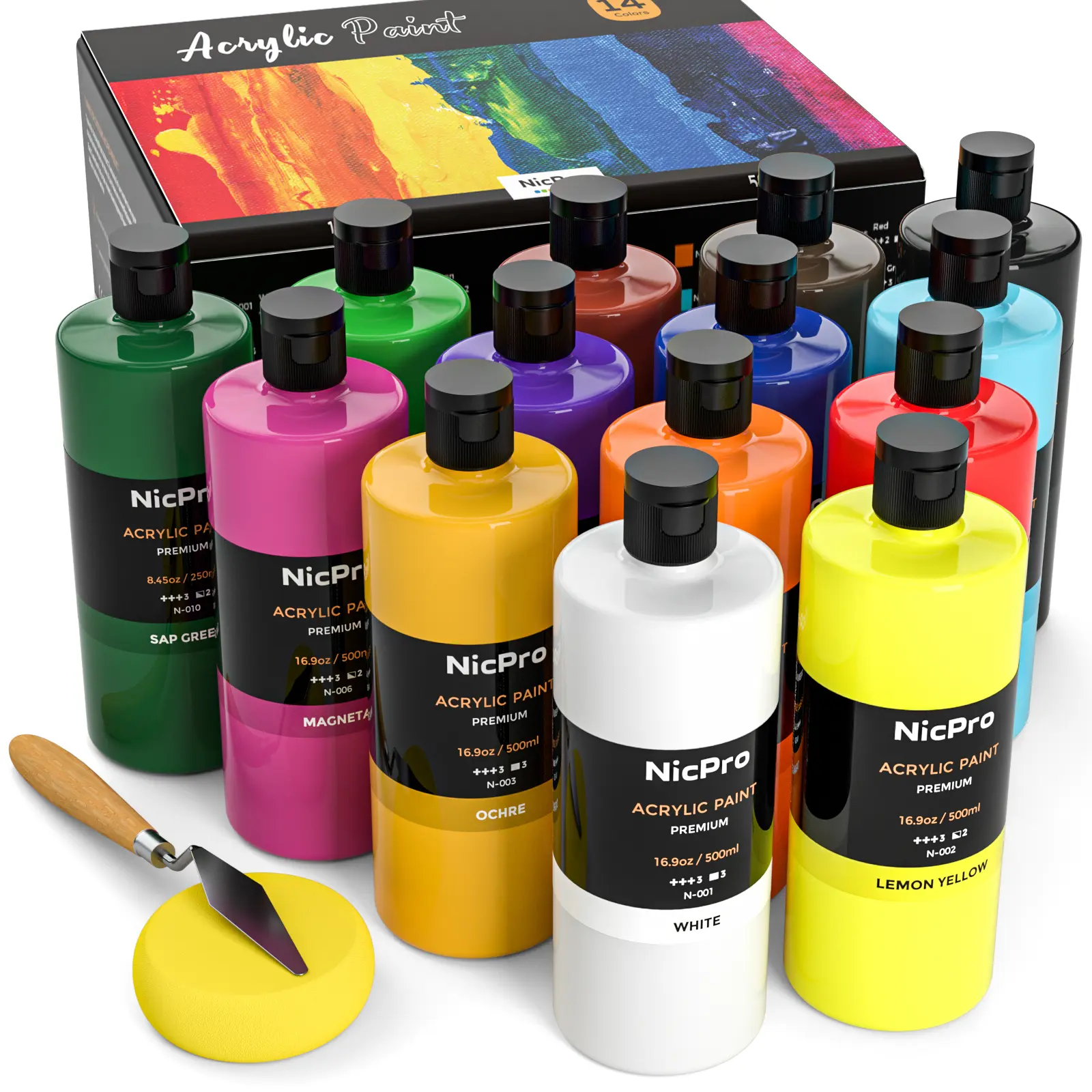 Nicpro 14-Color Large Bulk Acrylic Paint Set (16.9 oz/500 ml) - Rich, Non-Toxic Art Supplies, Crafting Supplies, Art Kits with Color Wheel for Adult Artists' Ceramic, Canvas Projects